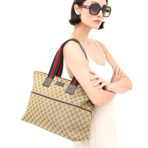 Authentic Gucci brown monogram canvas tote bag red green handles medium